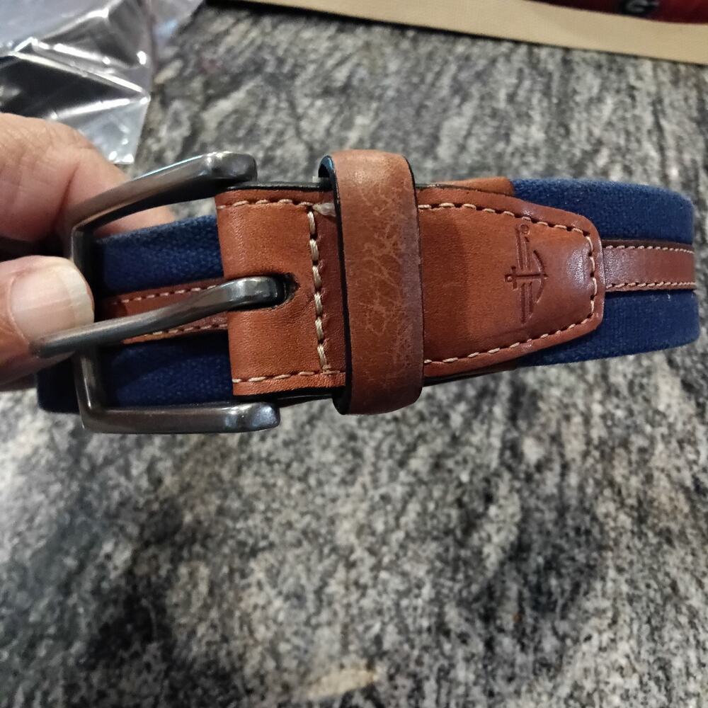 Dockers Mens Blue Canvas Leather Belt Size 42 Brass Roller Buckle Casual 1.5in